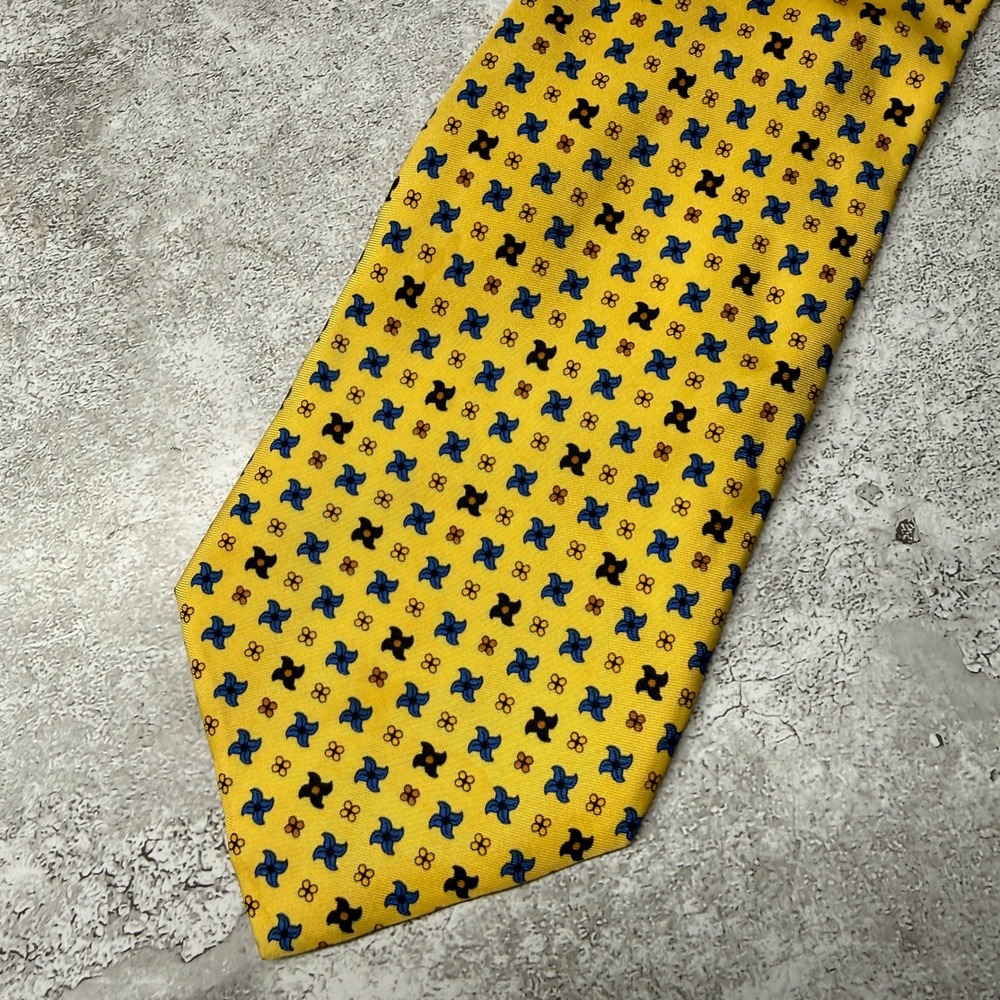 Barneys New York‎ Tie Mens OS Yellow Geometric Floral Silk Hand Made Italy